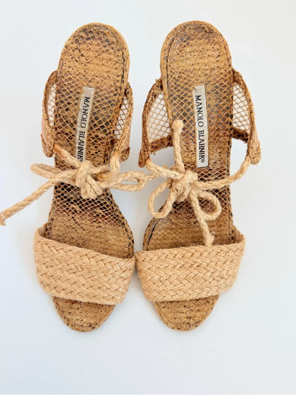 Manolo Blahnik Raffia Espadrille Lace-Up Wedge Sandals Beige Woven EU 38.5 Y2K